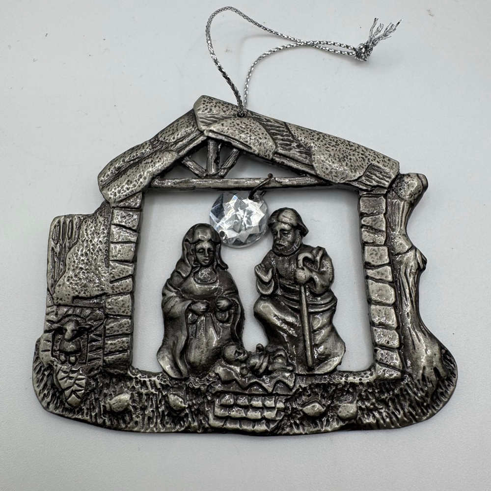 Ganz Pewter Nativity Scene Ornament with Clear Crystal